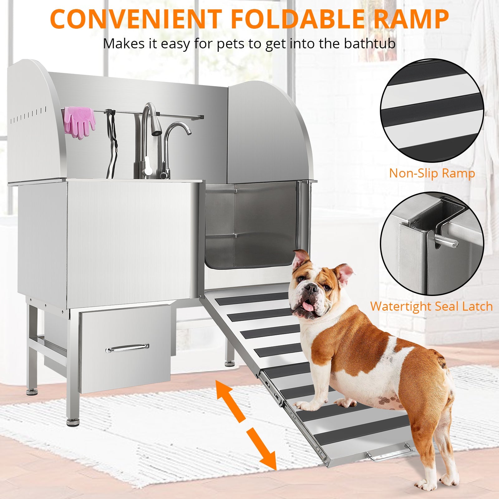 Garvee Professional Dog Grooming Tub, Stainless Steel Dog Wash Station with Foldable Ramp, Storage Drawer, Floor Grate & Faucet/Dog Bathtub for Large, Medium & Small Pets - Right Door (50")