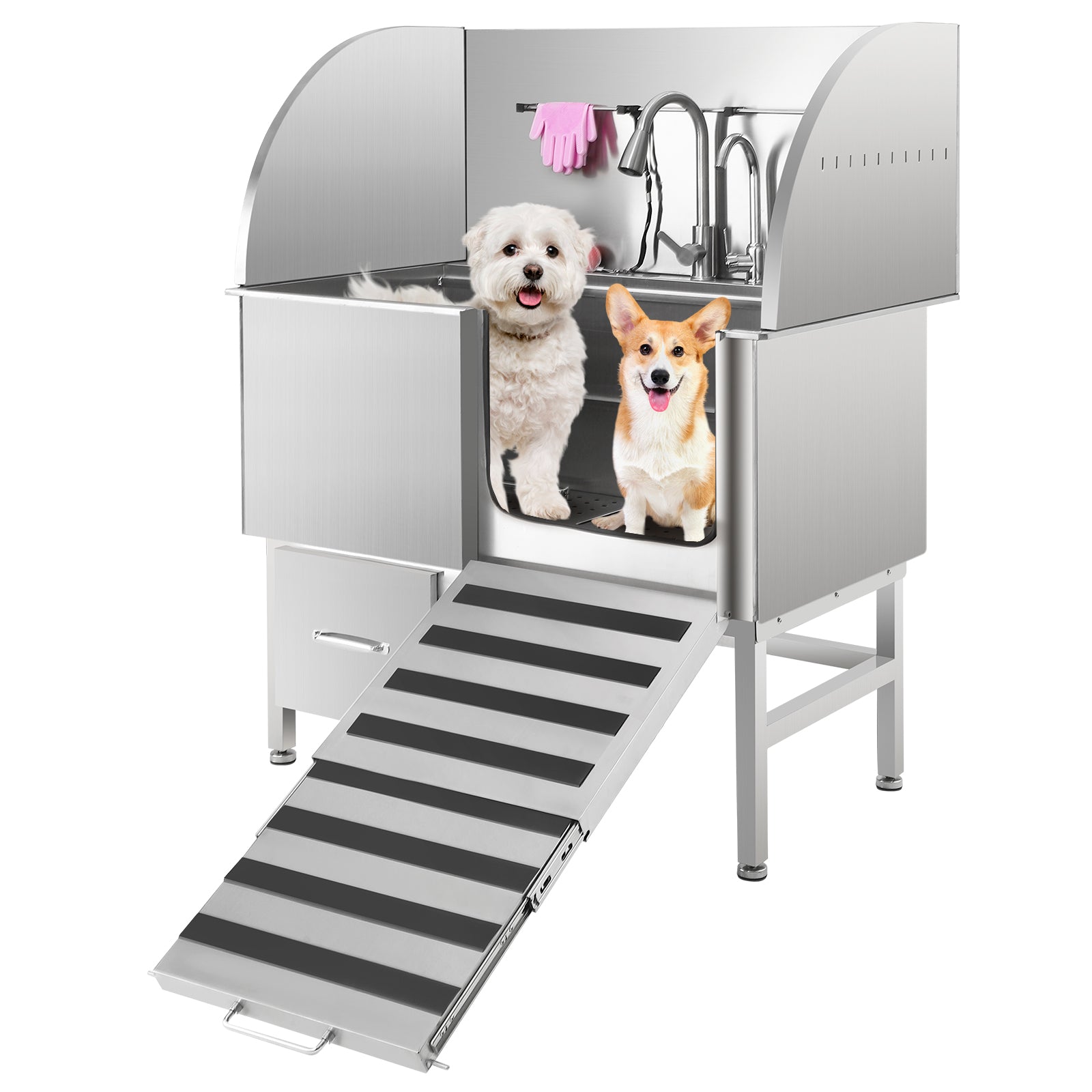 Garvee Professional Dog Grooming Tub, Stainless Steel Dog Wash Station with Foldable Ramp, Storage Drawer, Floor Grate & Faucet/Dog Bathtub for Large, Medium & Small Pets - Right Door (50")