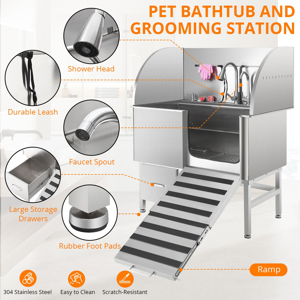 Garvee Professional Dog Grooming Tub, Stainless Steel Dog Wash Station with Foldable Ramp, Storage Drawer, Floor Grate & Faucet/Dog Bathtub for Large, Medium & Small Pets - Right Door (50")