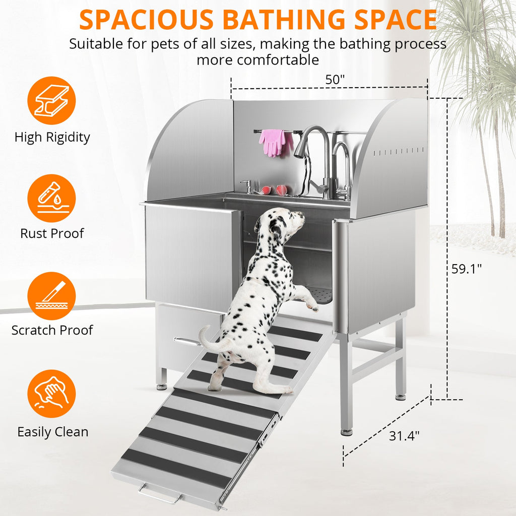 Garvee Professional Dog Grooming Tub, Stainless Steel Dog Wash Station with Foldable Ramp, Storage Drawer, Floor Grate & Faucet/Dog Bathtub for Large, Medium & Small Pets - Right Door (50")