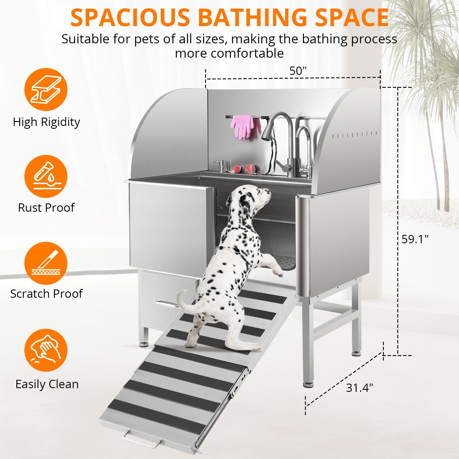 Garvee Professional Dog Grooming Tub, Stainless Steel Dog Wash Station with Foldable Ramp, Storage Drawer, Floor Grate & Faucet/Dog Bathtub for Large, Medium & Small Pets - Right Door (50")