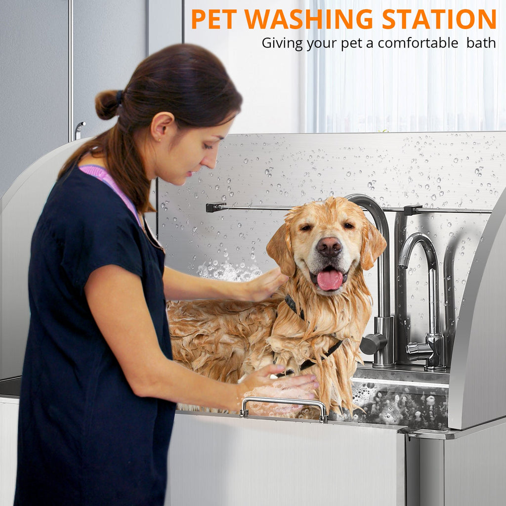 Garvee Professional Dog Grooming Tub, Stainless Steel Dog Wash Station with Foldable Ramp, Storage Drawer, Floor Grate & Faucet/Dog Bathtub for Large, Medium & Small Pets - Right Door (50")