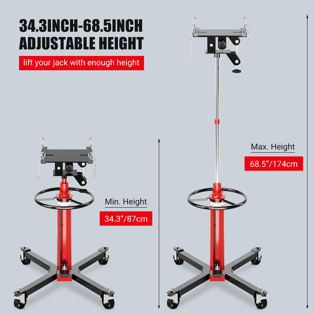 Garvee Hydraulic Transmission Jack, 1322 LBS Capacity, 2-Stage Telescoping Lift from 34.3" to 68.5", Heavy-Duty Transmission Lift with 360° Swivel Wheels and Safety Chain, Red