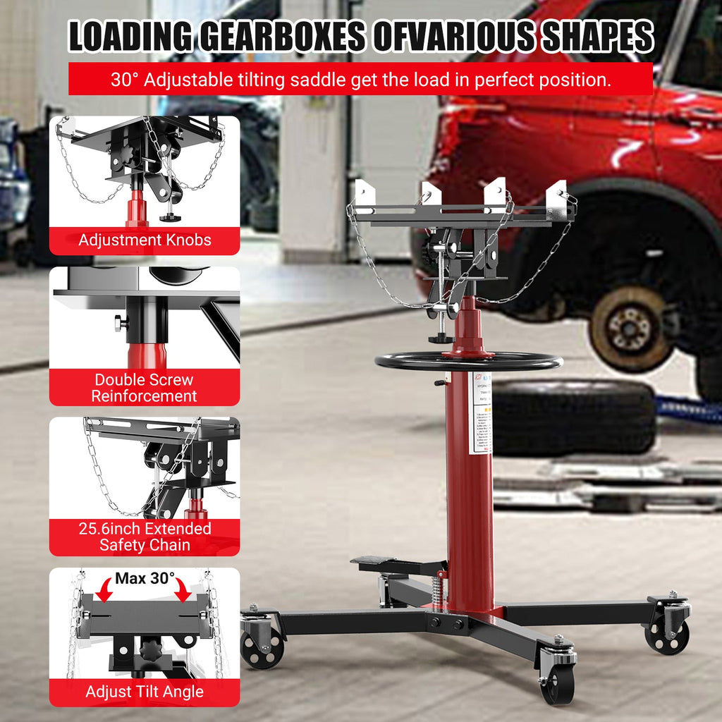 Garvee Hydraulic Transmission Jack, 1322 LBS Capacity, 2-Stage Telescoping Lift from 34.3" to 68.5", Heavy-Duty Transmission Lift with 360° Swivel Wheels and Safety Chain, Red