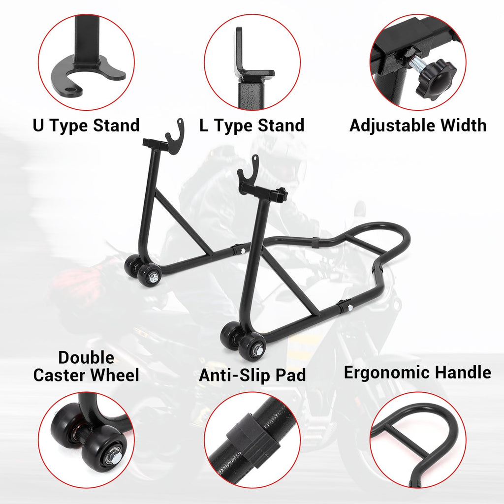 Garvee 850 LB Motorcycle Stand Lift – Front/Rear Combo with Wheel Fork & U+L Swingarm Spool Stand, Universal Paddock Lift Black