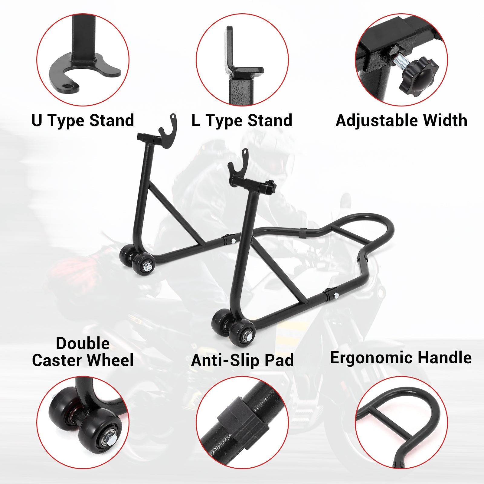 Garvee 850 LB Motorcycle Stand Lift – Front/Rear Combo with Wheel Fork & U+L Swingarm Spool Stand, Universal Paddock Lift Black