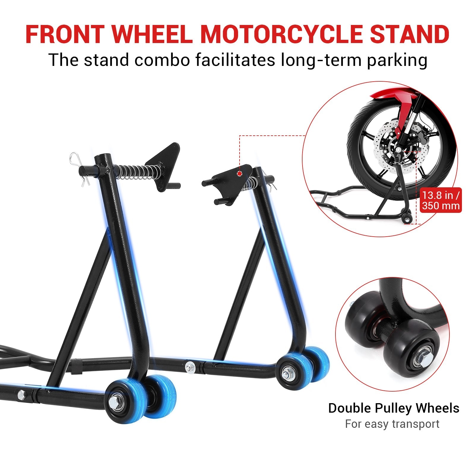 Garvee 850 LB Motorcycle Stand Lift – Front/Rear Combo with Wheel Fork & U+L Swingarm Spool Stand, Universal Paddock Lift Black