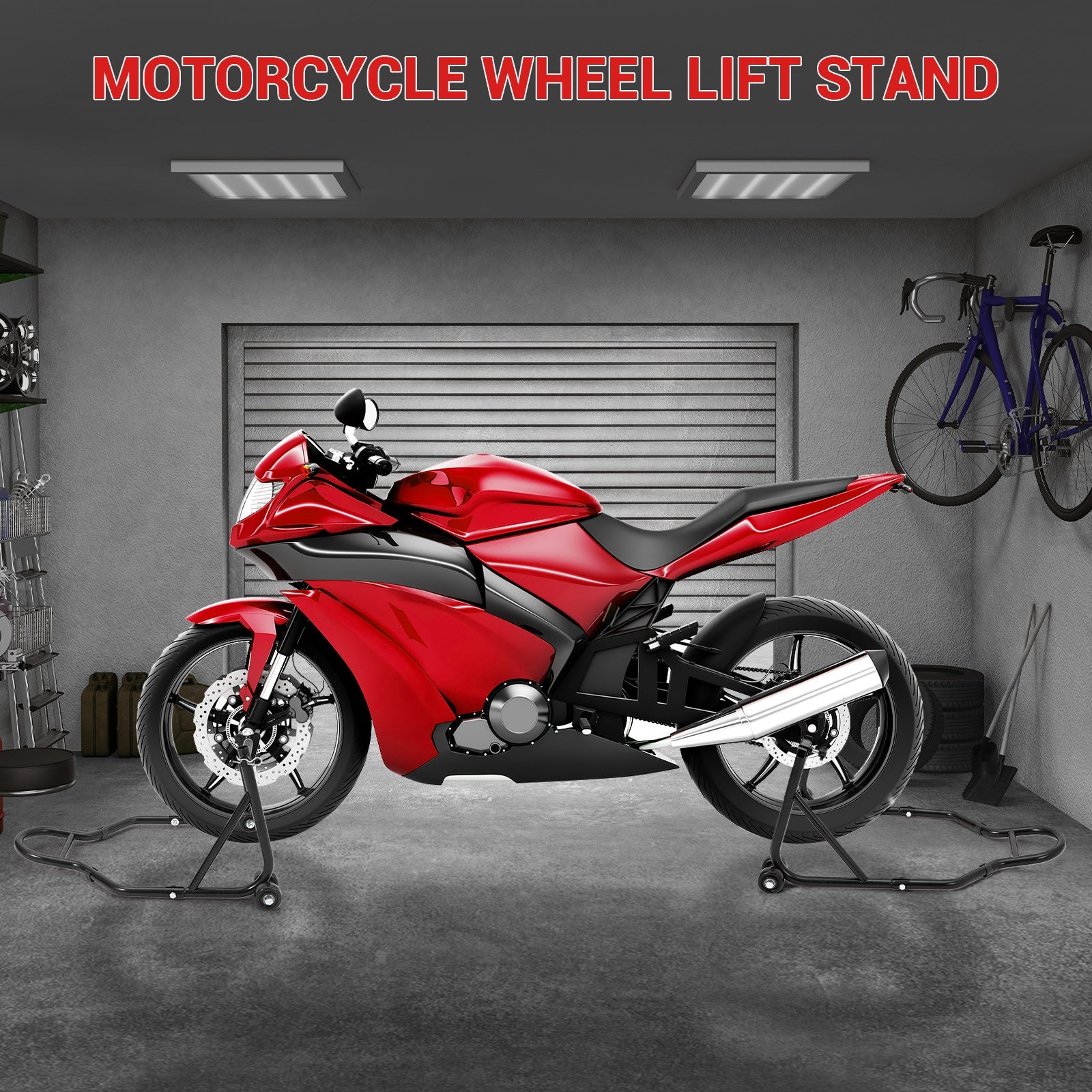 Garvee 850 LB Motorcycle Stand Lift – Front/Rear Combo with Wheel Fork & U+L Swingarm Spool Stand, Universal Paddock Lift Black