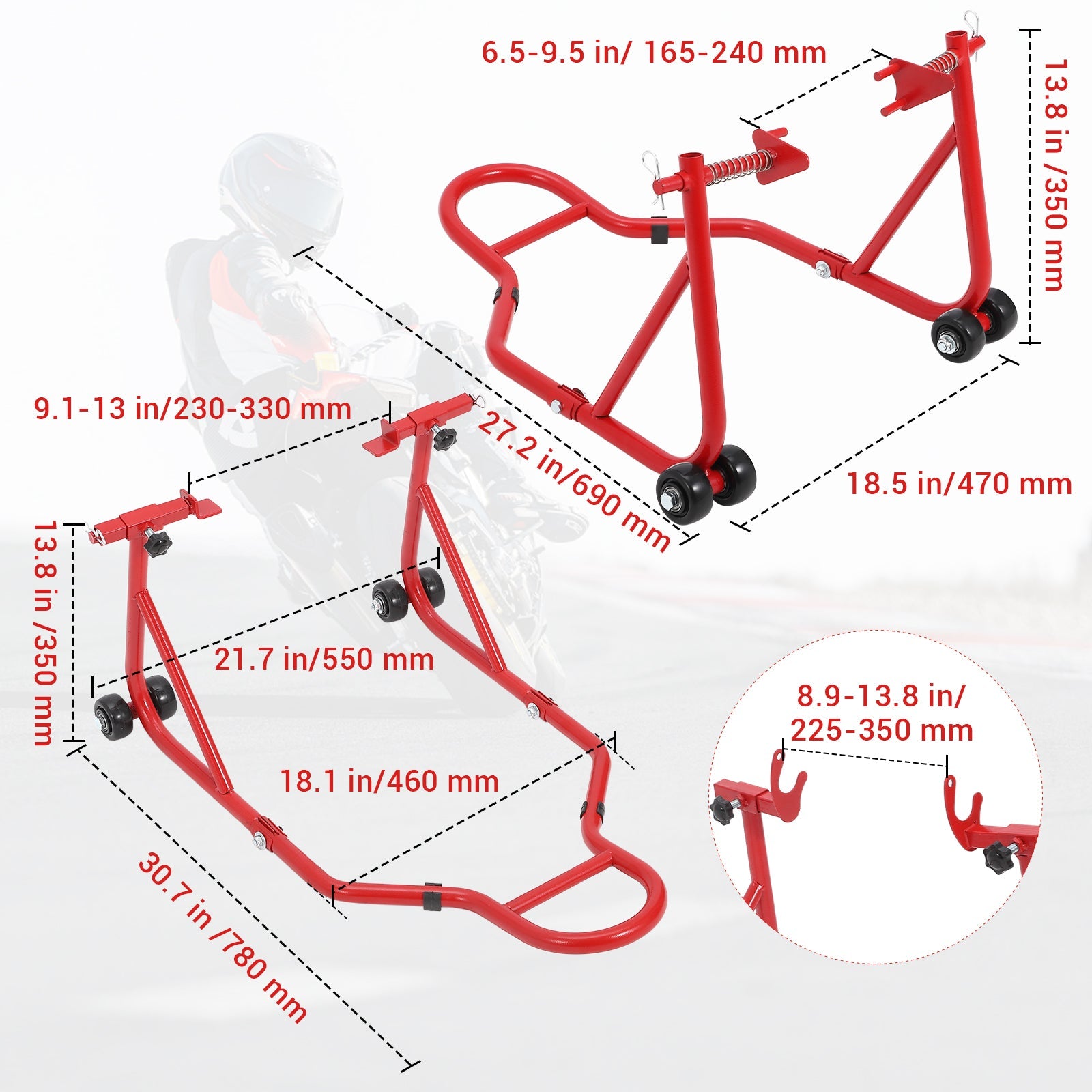 Garvee 850 LB Motorcycle Stand Lift – Front/Rear Combo with Wheel Fork & U+L Swingarm Spool Stand, Universal Paddock Lift for Bikes Red