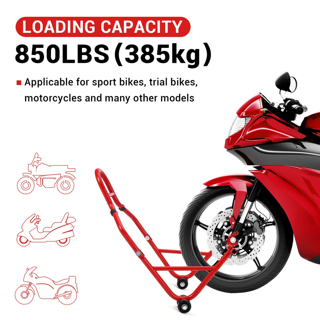 Garvee 850 LB Motorcycle Stand Lift – Front/Rear Combo with Wheel Fork & U+L Swingarm Spool Stand, Universal Paddock Lift for Bikes Red