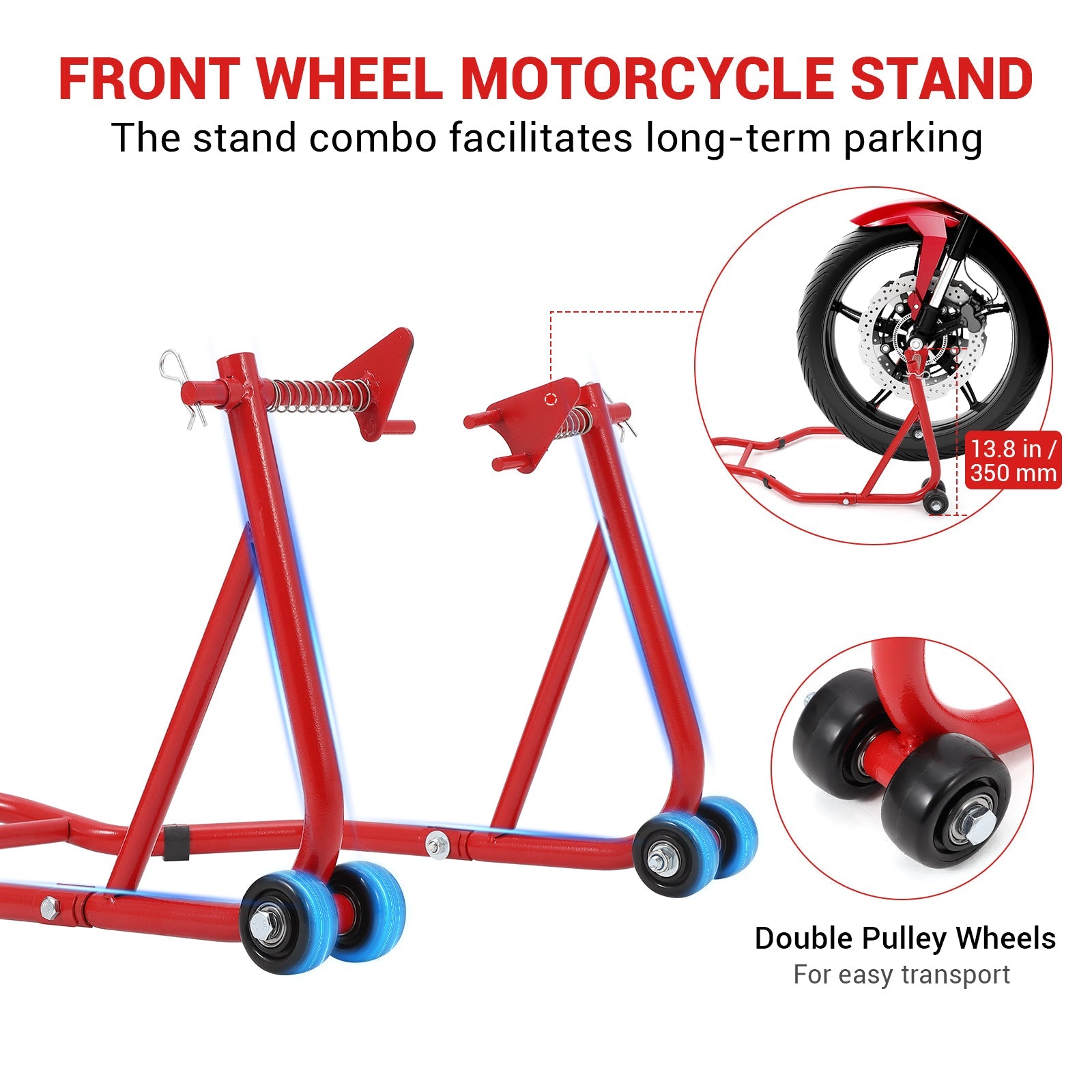 Garvee 850 LB Motorcycle Stand Lift – Front/Rear Combo with Wheel Fork & U+L Swingarm Spool Stand, Universal Paddock Lift for Bikes Red