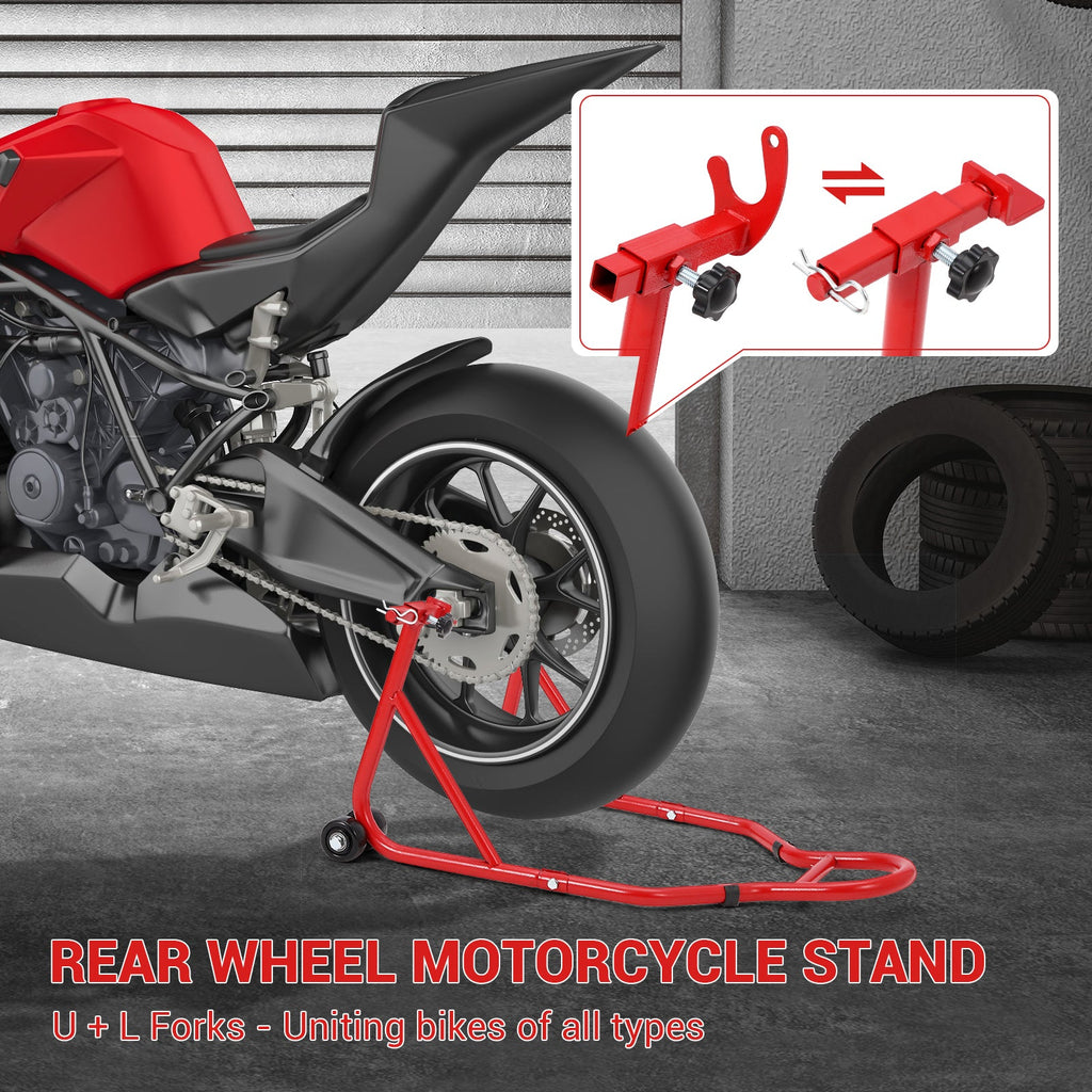 Garvee 850 LB Motorcycle Stand Lift – Front/Rear Combo with Wheel Fork & U+L Swingarm Spool Stand, Universal Paddock Lift for Bikes Red