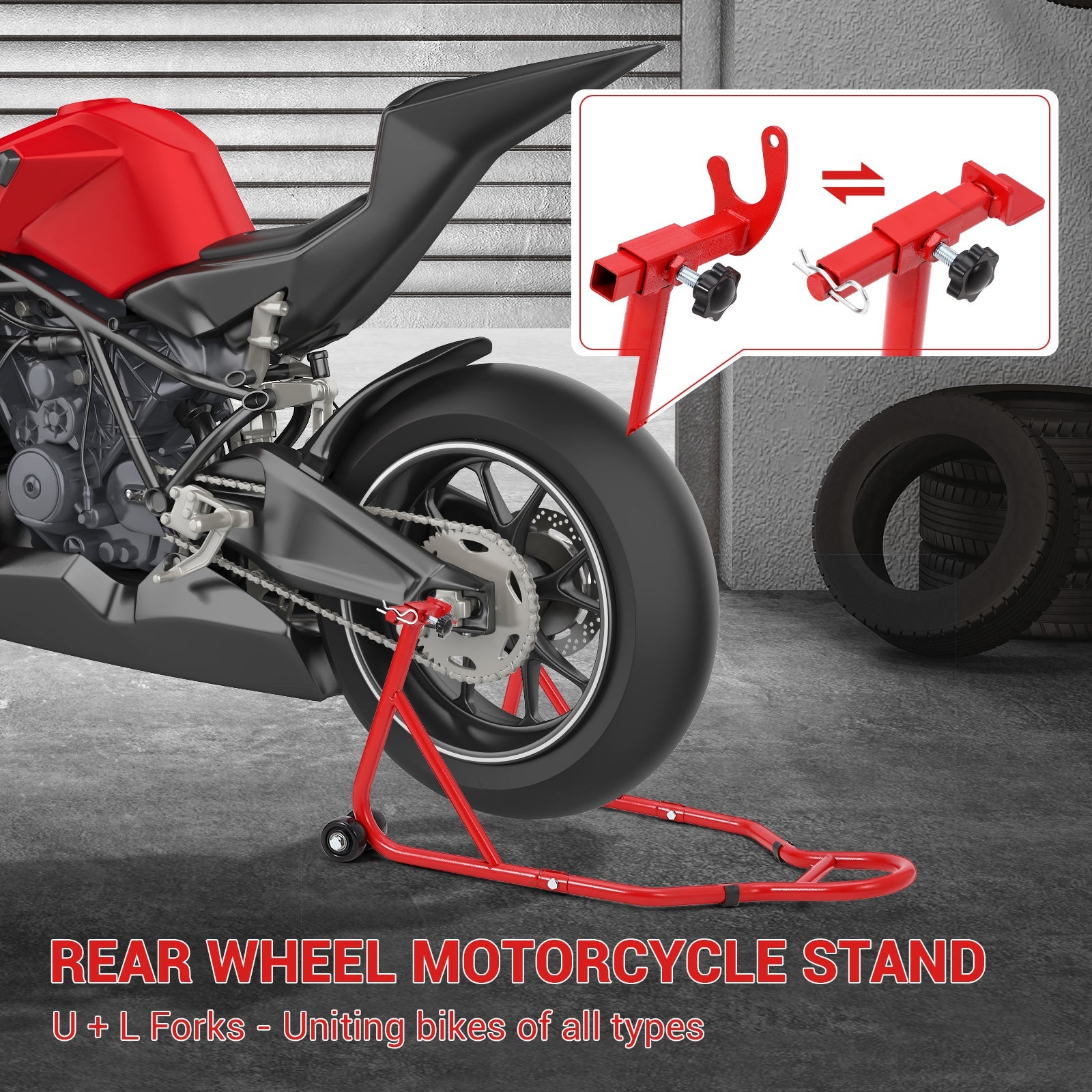 Garvee 850 LB Motorcycle Stand Lift – Front/Rear Combo with Wheel Fork & U+L Swingarm Spool Stand, Universal Paddock Lift for Bikes Red