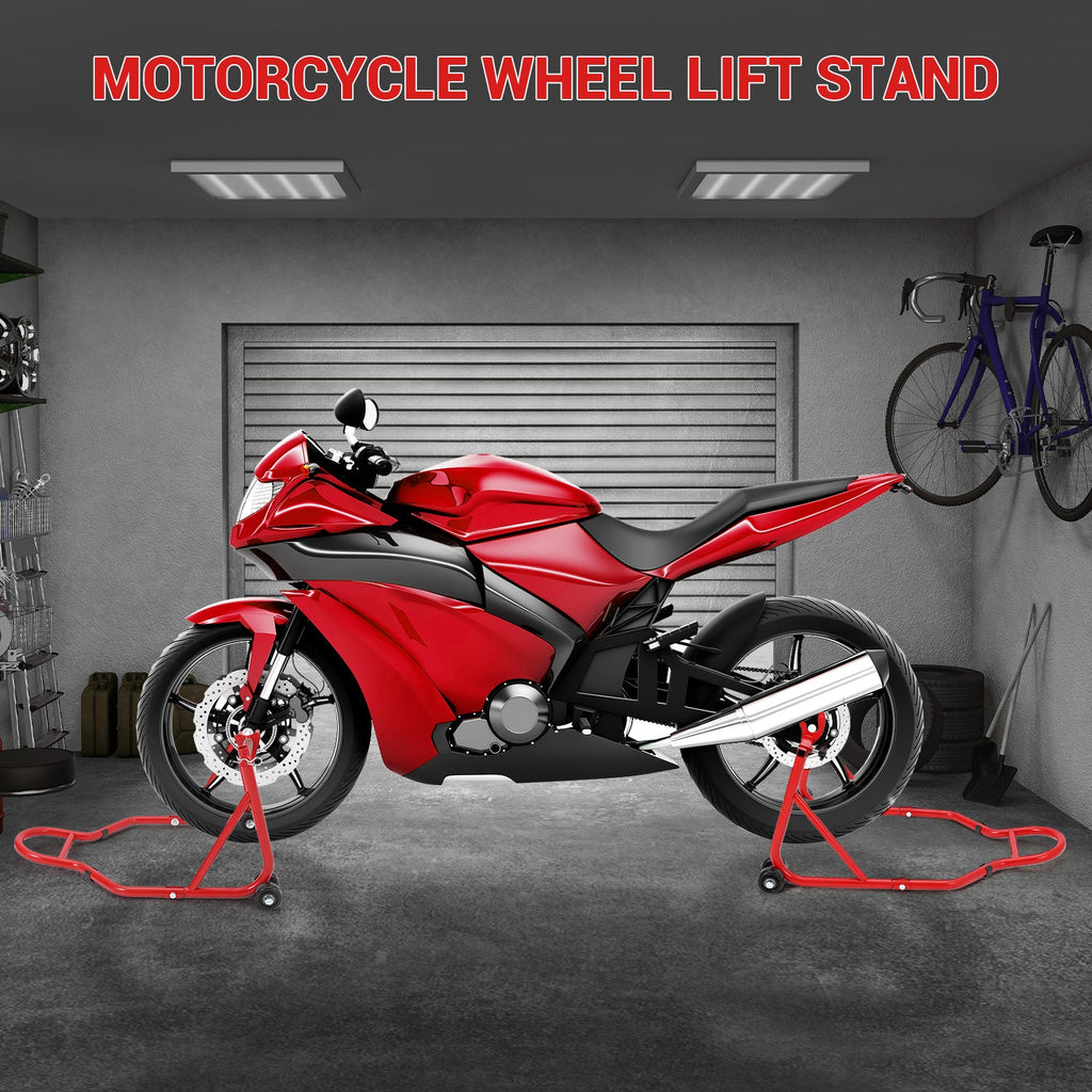Garvee 850 LB Motorcycle Stand Lift – Front/Rear Combo with Wheel Fork & U+L Swingarm Spool Stand, Universal Paddock Lift for Bikes Red