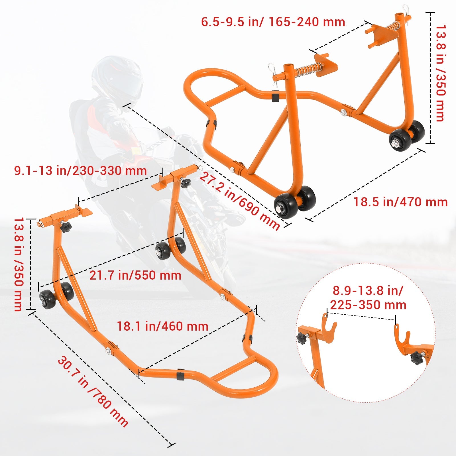 Garvee 850 Lb Motorcycle Stand Lift – Front/Rear Combo with Wheel Fork & Swingarm Spool Stand, Universal Paddock Lift for Bikes Orange