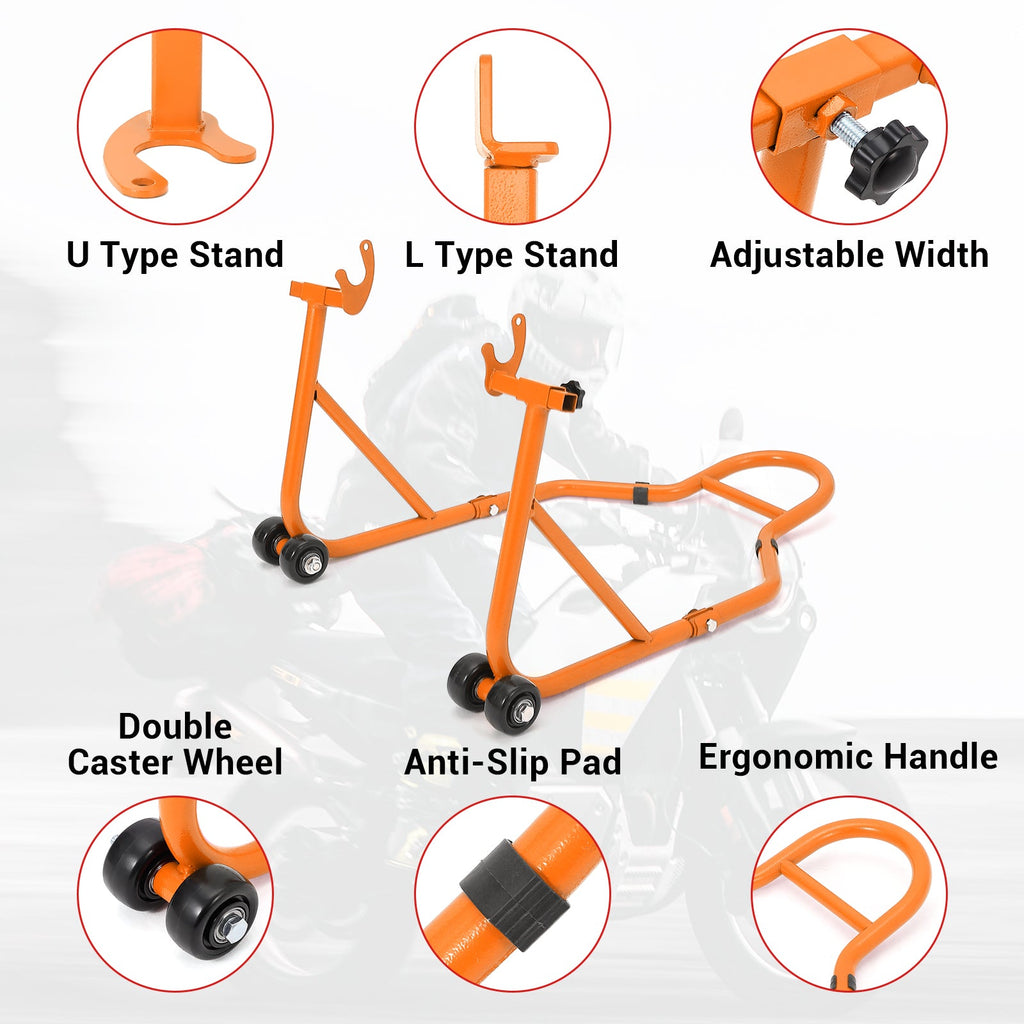 Garvee 850 Lb Motorcycle Stand Lift – Front/Rear Combo with Wheel Fork & Swingarm Spool Stand, Universal Paddock Lift for Bikes Orange