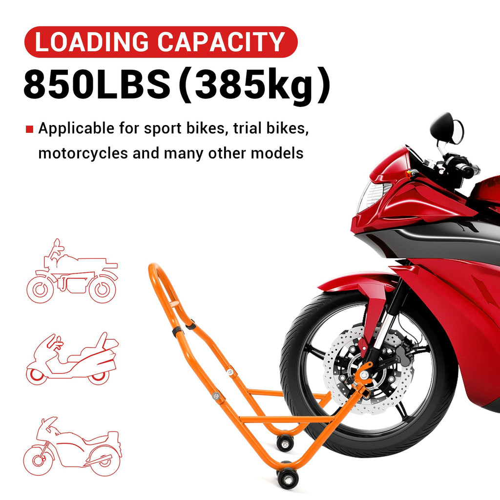 Garvee 850 Lb Motorcycle Stand Lift – Front/Rear Combo with Wheel Fork & Swingarm Spool Stand, Universal Paddock Lift for Bikes Orange