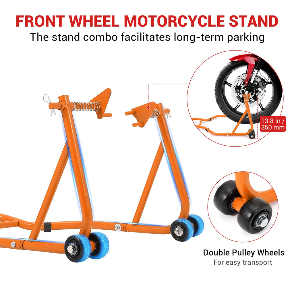 Garvee 850 Lb Motorcycle Stand Lift – Front/Rear Combo with Wheel Fork & Swingarm Spool Stand, Universal Paddock Lift for Bikes Orange