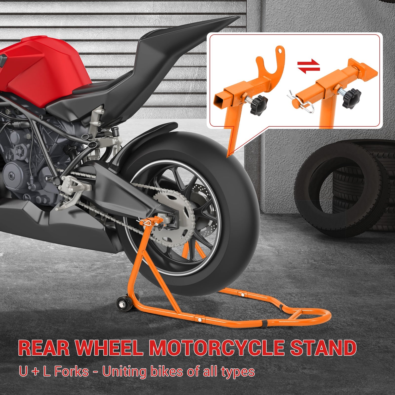 Garvee 850 Lb Motorcycle Stand Lift – Front/Rear Combo with Wheel Fork & Swingarm Spool Stand, Universal Paddock Lift for Bikes Orange