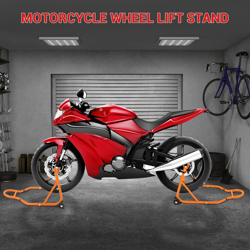 Garvee 850 Lb Motorcycle Stand Lift – Front/Rear Combo with Wheel Fork & Swingarm Spool Stand, Universal Paddock Lift for Bikes Orange