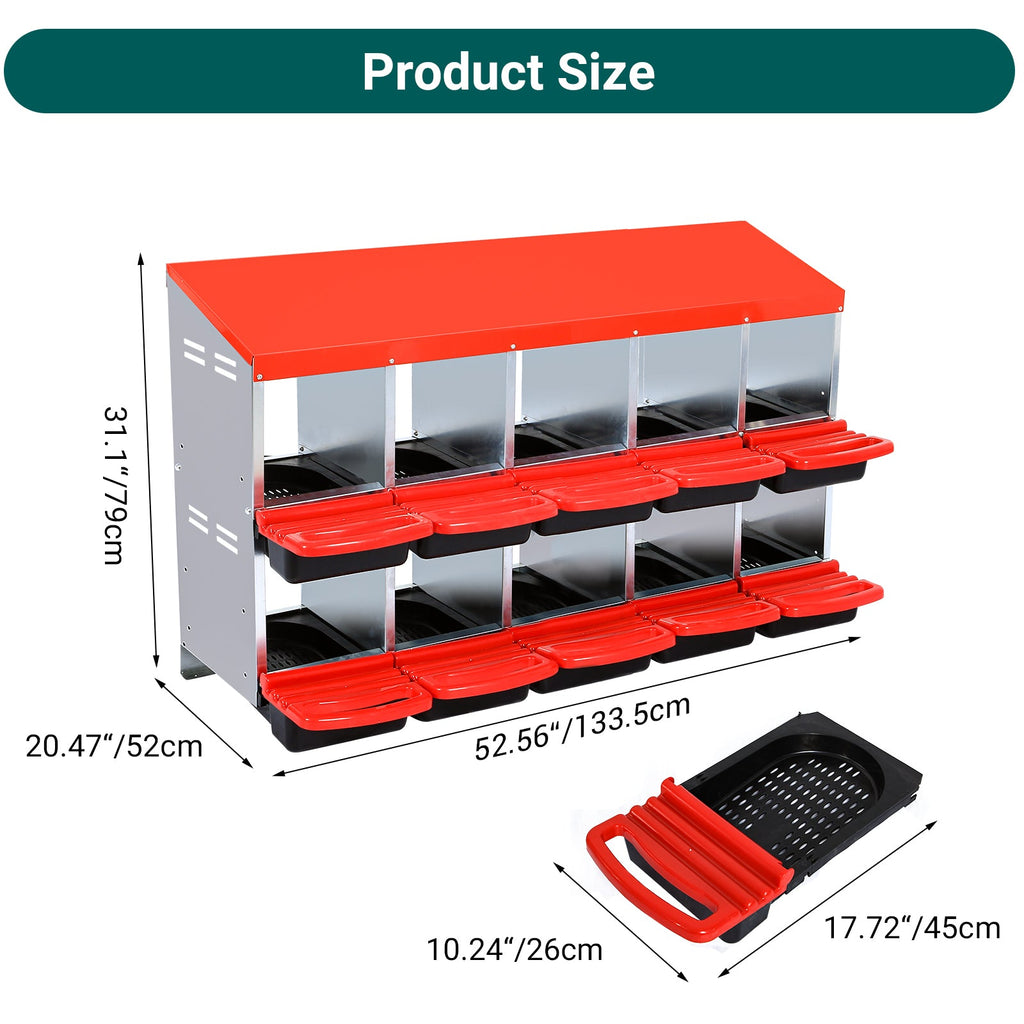 Garvee Chicken Nesting Box, 10 Compartments Nesting Boxes for Chickens, Chicken Laying Boxes, Roll Away Nesting Box for Chickens Laying Egg with Lid Cover to Protect Eggs, Red