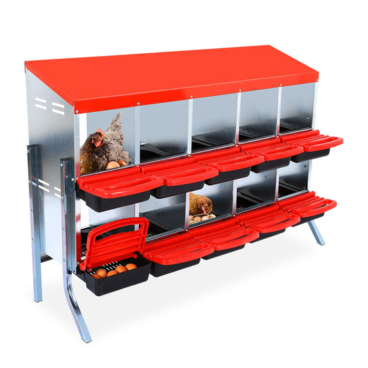 GARVEE 10-Compartments Chicken Nest Box - Red Roll-Away Design w/Lid Cover & Legs for Coop Laying Boxes for Hens, Nest Boxes