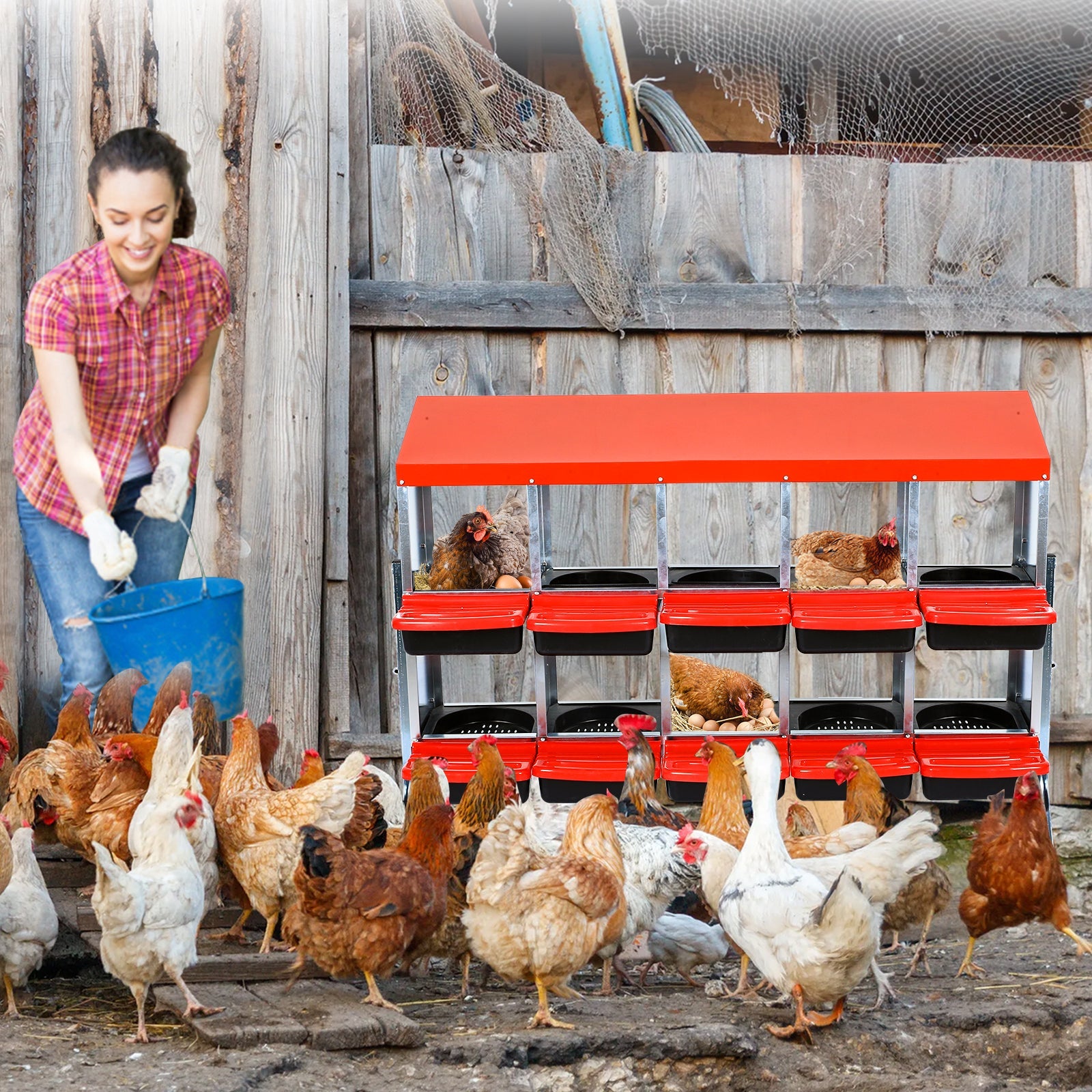 GARVEE 10-Compartments Chicken Nest Box - Red Roll-Away Design w/Lid Cover & Legs for Coop Laying Boxes for Hens, Nest Boxes