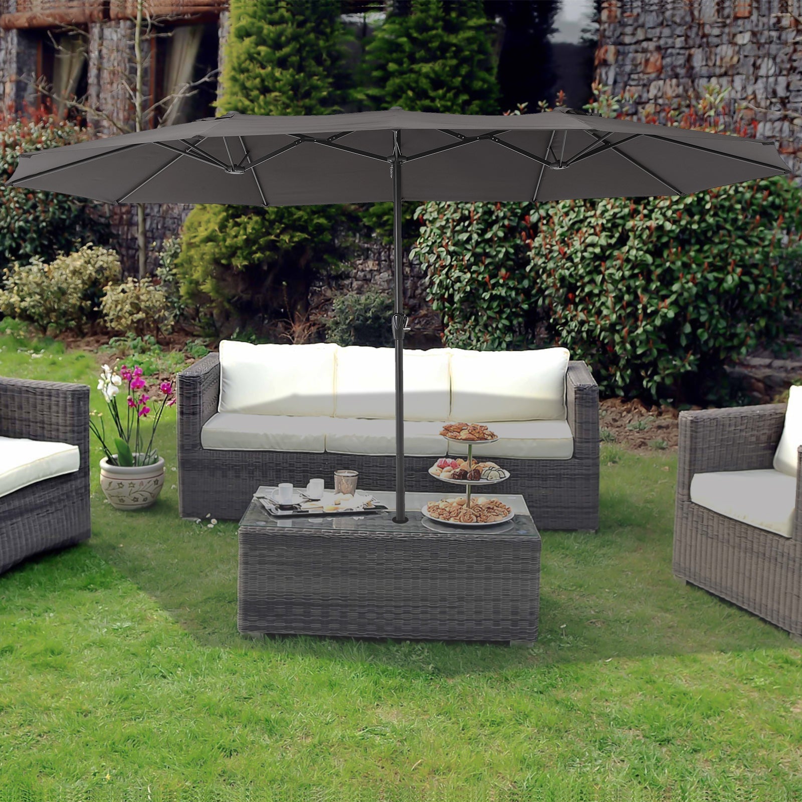 Garvee 15x9 Ft Large Patio Umbrellas,Patio Double-Sided Umbrella With Base and Crank,Outdoor Rectangle Market Umbrella for Patio, Lawn & Garden and Poolside,Dark Grey