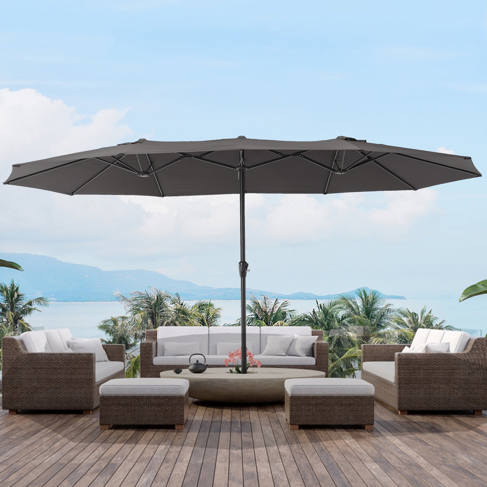 Garvee 15x9 Ft Large Patio Umbrellas,Patio Double-Sided Umbrella With Base and Crank,Outdoor Rectangle Market Umbrella for Patio, Lawn & Garden and Poolside,Dark Grey