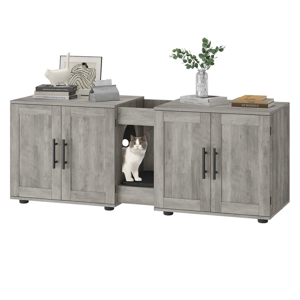 Garvee Litter Box Enclosure with Double Room, Hidden Cat Litter Box Cabinet Furniture for 2 Cats with Storage Groove & Odor-Reducing Mat, Wooden Enclosed Cat House for Home Apartment, Light Grey