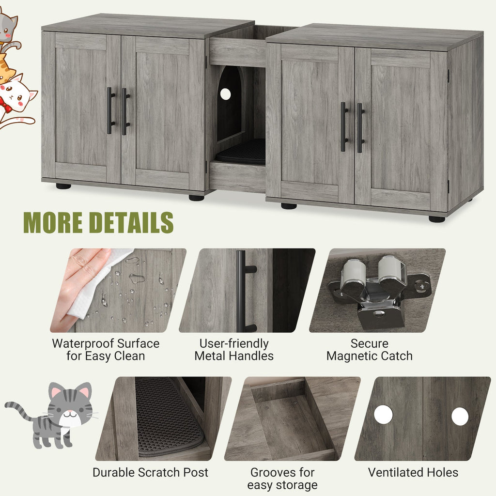 Garvee Litter Box Enclosure with Double Room, Hidden Cat Litter Box Cabinet Furniture for 2 Cats with Storage Groove & Odor-Reducing Mat, Wooden Enclosed Cat House for Home Apartment, Light Grey