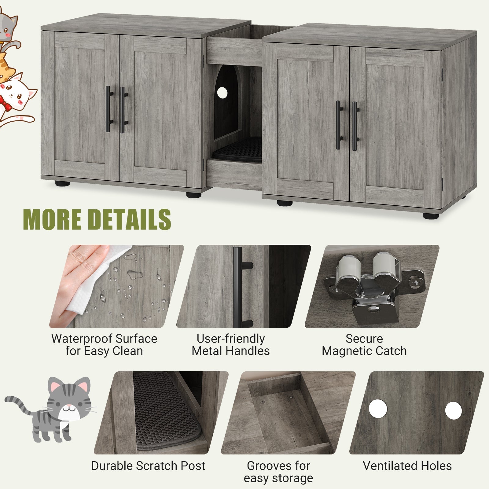 Garvee Litter Box Enclosure with Double Room, Hidden Cat Litter Box Cabinet Furniture for 2 Cats with Storage Groove & Odor-Reducing Mat, Wooden Enclosed Cat House for Home Apartment, Light Grey
