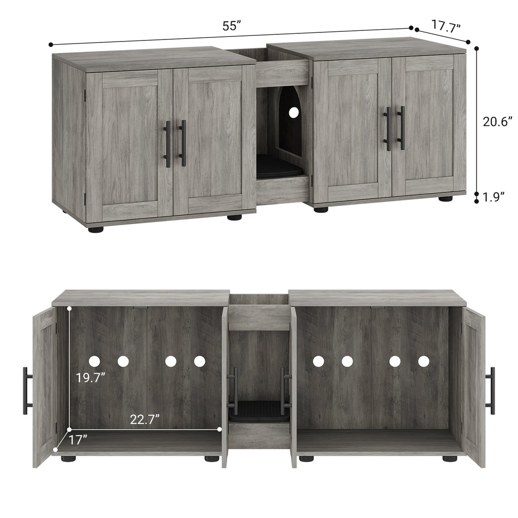 Garvee Litter Box Enclosure with Double Room, Hidden Cat Litter Box Cabinet Furniture for 2 Cats with Storage Groove & Odor-Reducing Mat, Wooden Enclosed Cat House for Home Apartment, Light Grey