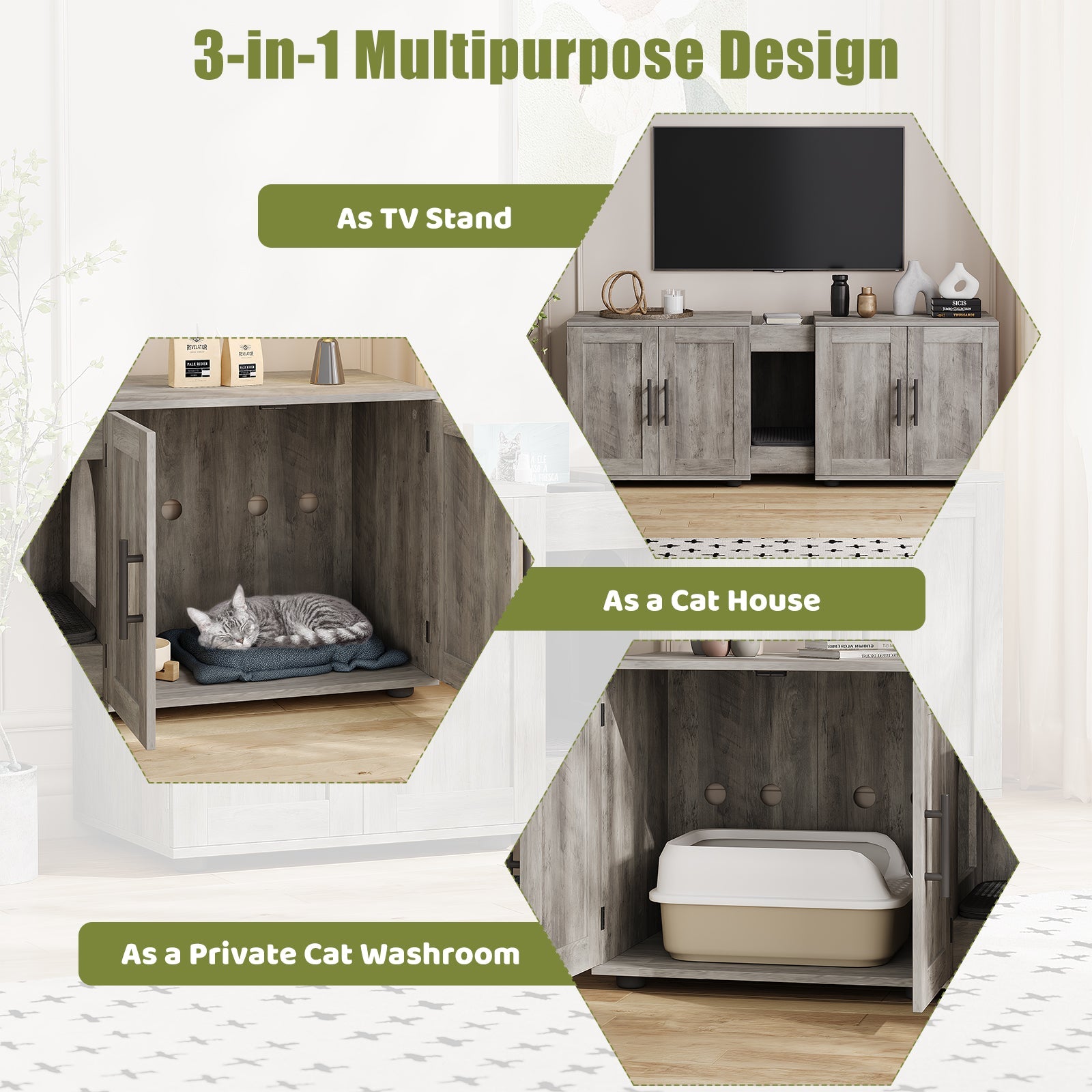 Garvee Litter Box Enclosure with Double Room, Hidden Cat Litter Box Cabinet Furniture for 2 Cats with Storage Groove & Odor-Reducing Mat, Wooden Enclosed Cat House for Home Apartment, Light Grey