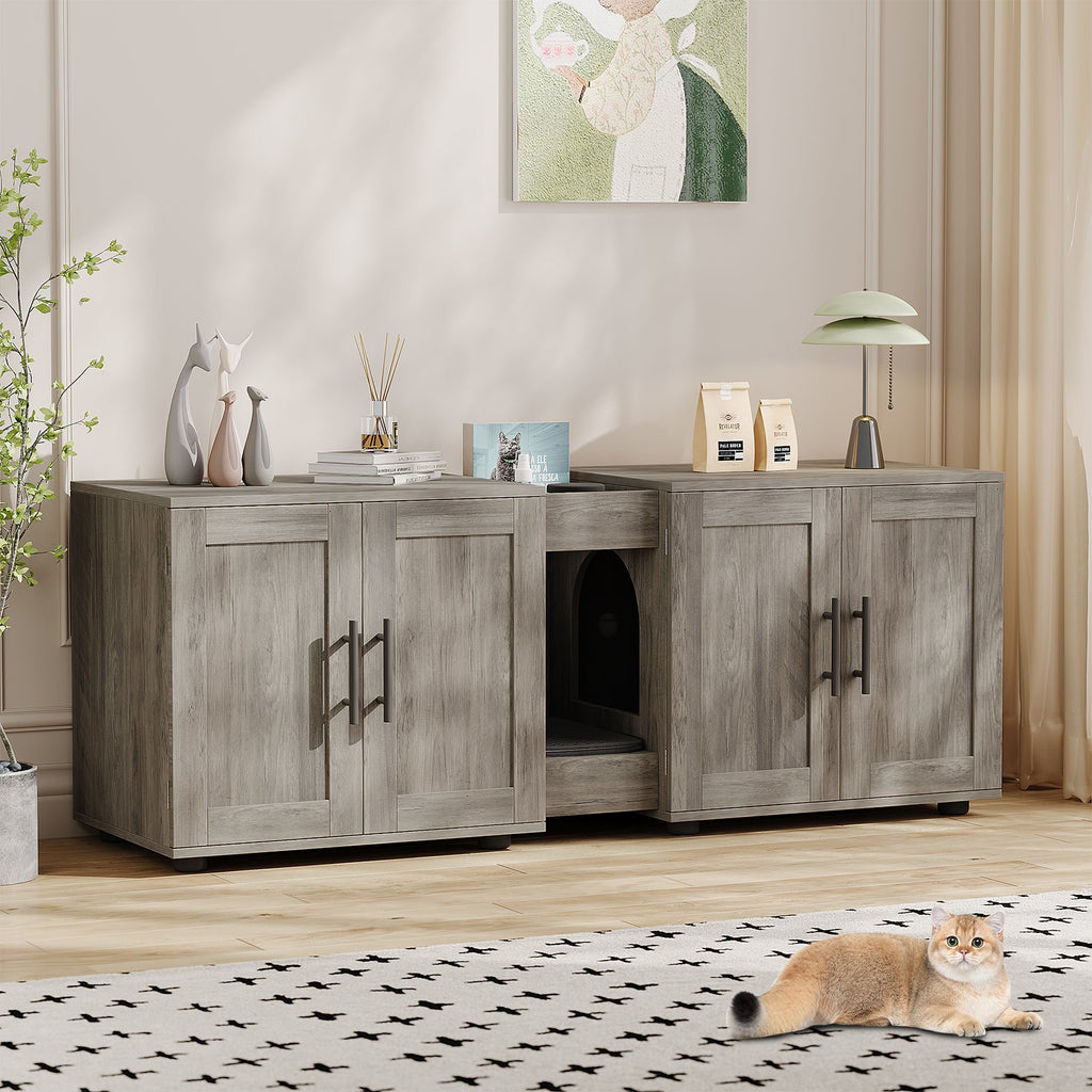 Garvee Litter Box Enclosure with Double Room, Hidden Cat Litter Box Cabinet Furniture for 2 Cats with Storage Groove & Odor-Reducing Mat, Wooden Enclosed Cat House for Home Apartment, Light Grey
