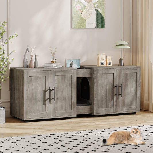 Garvee Litter Box Enclosure with Double Room, Hidden Cat Litter Box Cabinet Furniture for 2 Cats with Storage Groove & Odor-Reducing Mat, Wooden Enclosed Cat House for Home Apartment, Light Grey