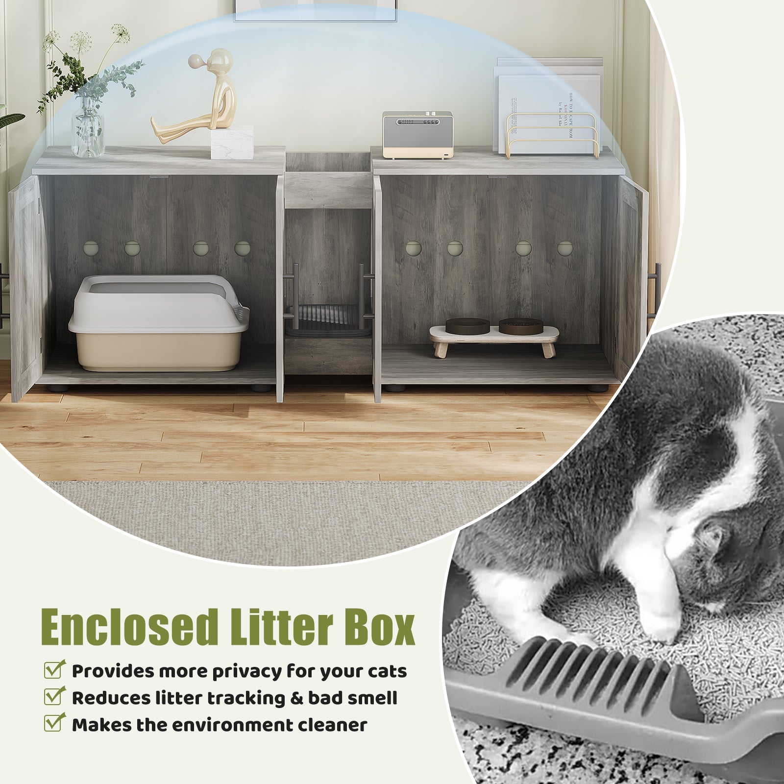 Garvee Litter Box Enclosure with Double Room, Hidden Cat Litter Box Cabinet Furniture for 2 Cats with Storage Groove & Odor-Reducing Mat, Wooden Enclosed Cat House for Home Apartment, Light Grey
