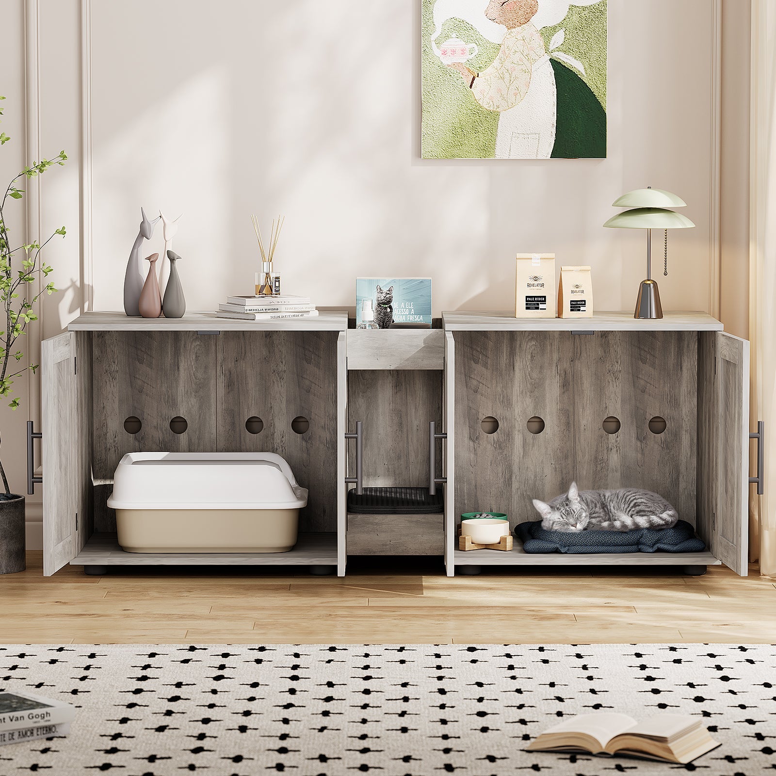 Garvee Litter Box Enclosure with Double Room, Hidden Cat Litter Box Cabinet Furniture for 2 Cats with Storage Groove & Odor-Reducing Mat, Wooden Enclosed Cat House for Home Apartment, Light Grey