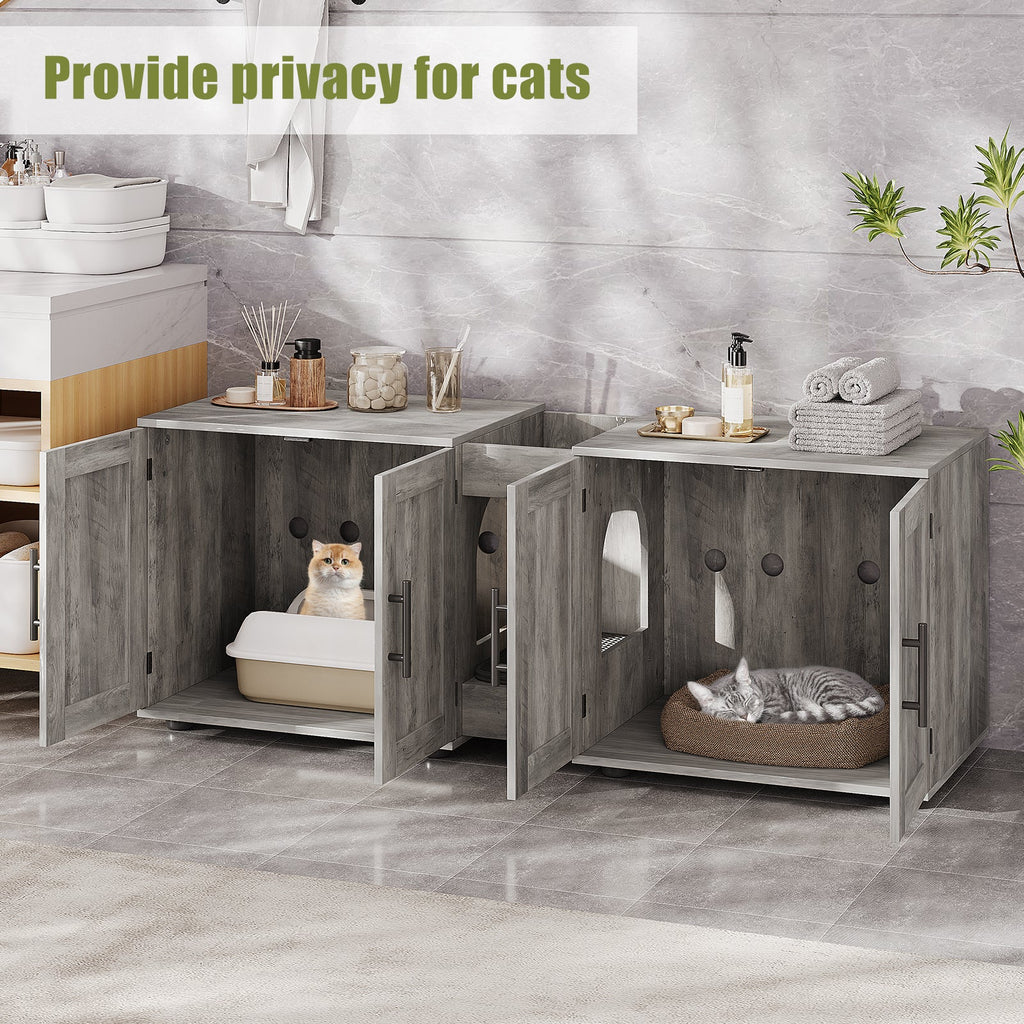 Garvee Litter Box Enclosure with Double Room, Hidden Cat Litter Box Cabinet Furniture for 2 Cats with Storage Groove & Odor-Reducing Mat, Wooden Enclosed Cat House for Home Apartment, Light Grey