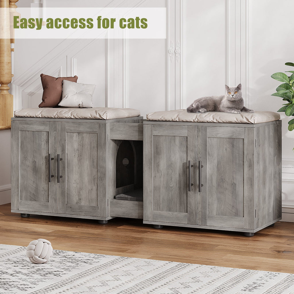 Garvee Litter Box Enclosure with Double Room, Hidden Cat Litter Box Cabinet Furniture for 2 Cats with Storage Groove & Odor-Reducing Mat, Wooden Enclosed Cat House for Home Apartment, Light Grey