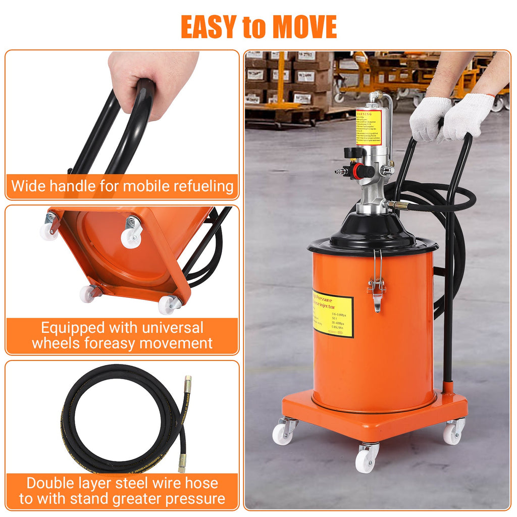 Garvee 5 Gallon Grease Pump, Heavy Duty Air-Operated Grease Pump with 13ft High Pressure Hose and Grease Gun, Portable Electric Pneumatic Grease Pump with Wheels for Construction