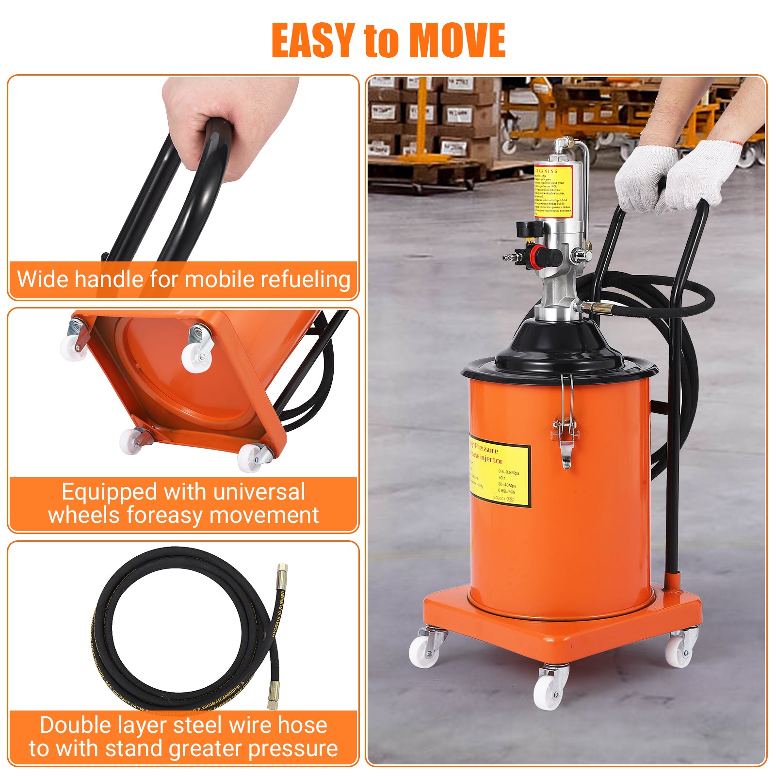 Garvee 5 Gallon Grease Pump, Heavy Duty Air-Operated Grease Pump with 13ft High Pressure Hose and Grease Gun, Portable Electric Pneumatic Grease Pump with Wheels for Construction