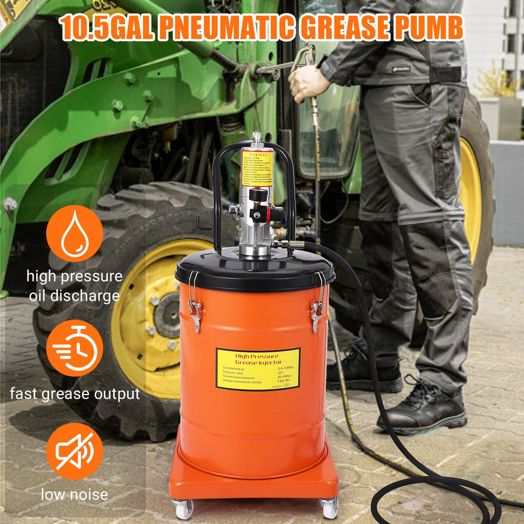 Garvee 10.5 Gallon Grease Pump, Heavy Duty Air-Operated Grease Pump with 13ft High Pressure Hose and Grease Gun, Portable Electric Pneumatic Grease Pump with Wheels for Construction