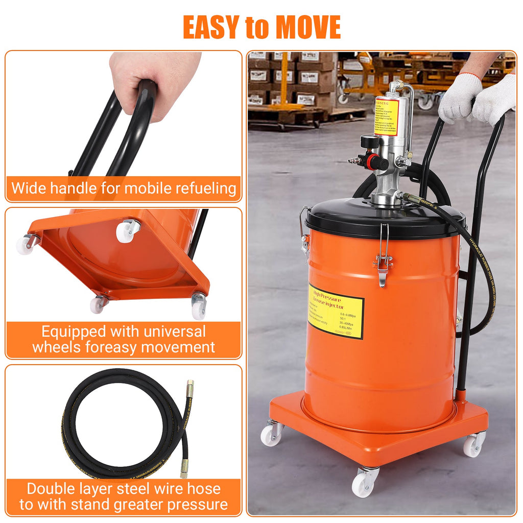 Garvee 10.5 Gallon Grease Pump, Heavy Duty Air-Operated Grease Pump with 13ft High Pressure Hose and Grease Gun, Portable Electric Pneumatic Grease Pump with Wheels for Construction