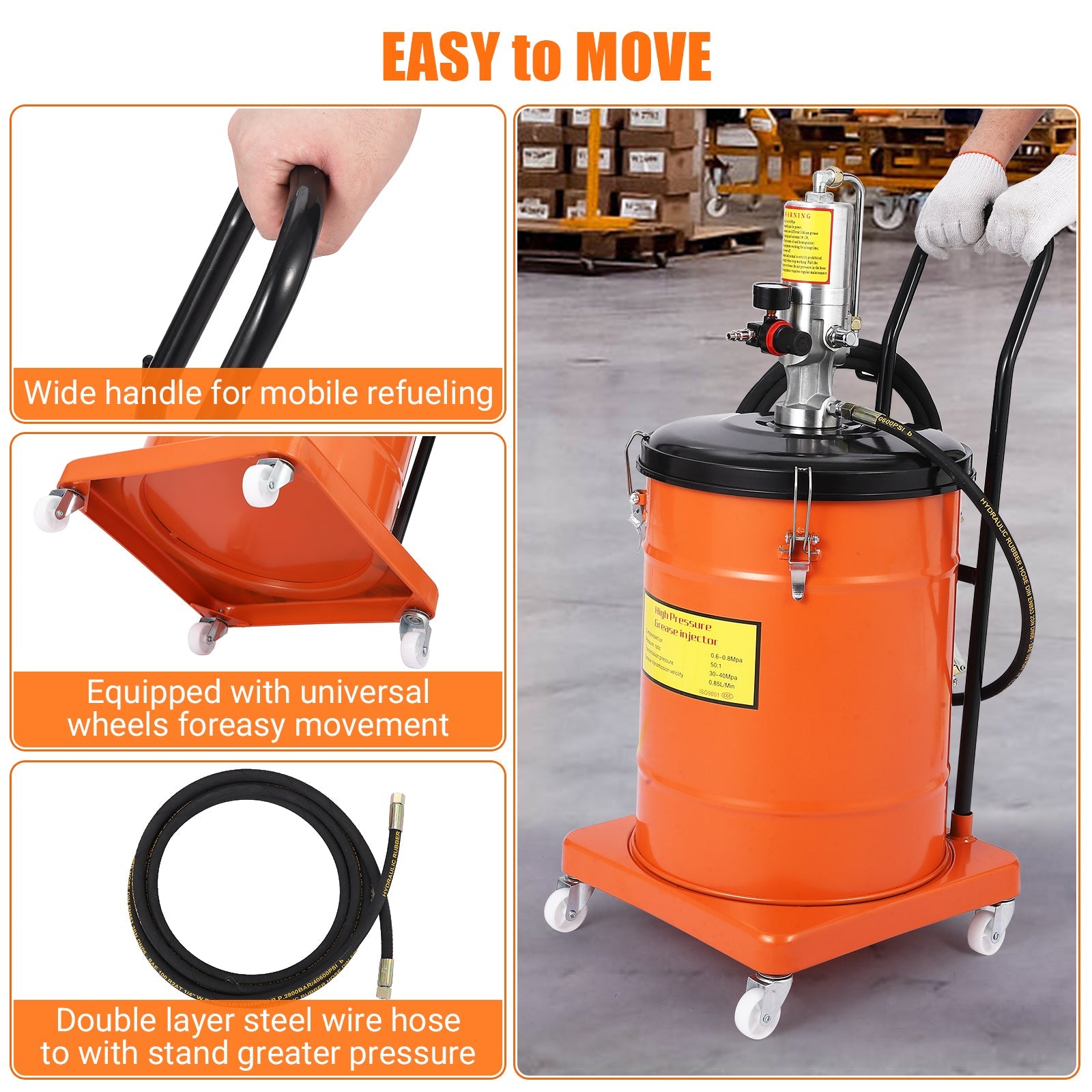 Garvee 10.5 Gallon Grease Pump, Heavy Duty Air-Operated Grease Pump with 13ft High Pressure Hose and Grease Gun, Portable Electric Pneumatic Grease Pump with Wheels for Construction