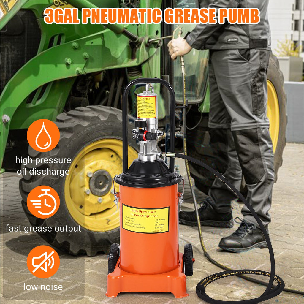Garvee 3 Gallon Grease Pump, Heavy Duty Air-Operated Grease Pump with Garvee 13ft High Pressure Hose and Grease Gun, Portable Electric Pneumatic Grease Pump with Wheels for Construction