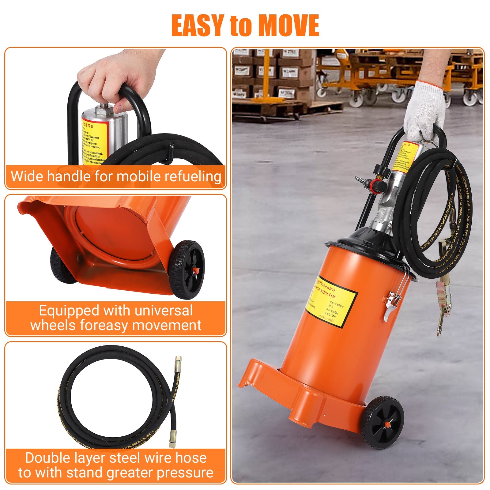 Garvee 3 Gallon Grease Pump, Heavy Duty Air-Operated Grease Pump with Garvee 13ft High Pressure Hose and Grease Gun, Portable Electric Pneumatic Grease Pump with Wheels for Construction