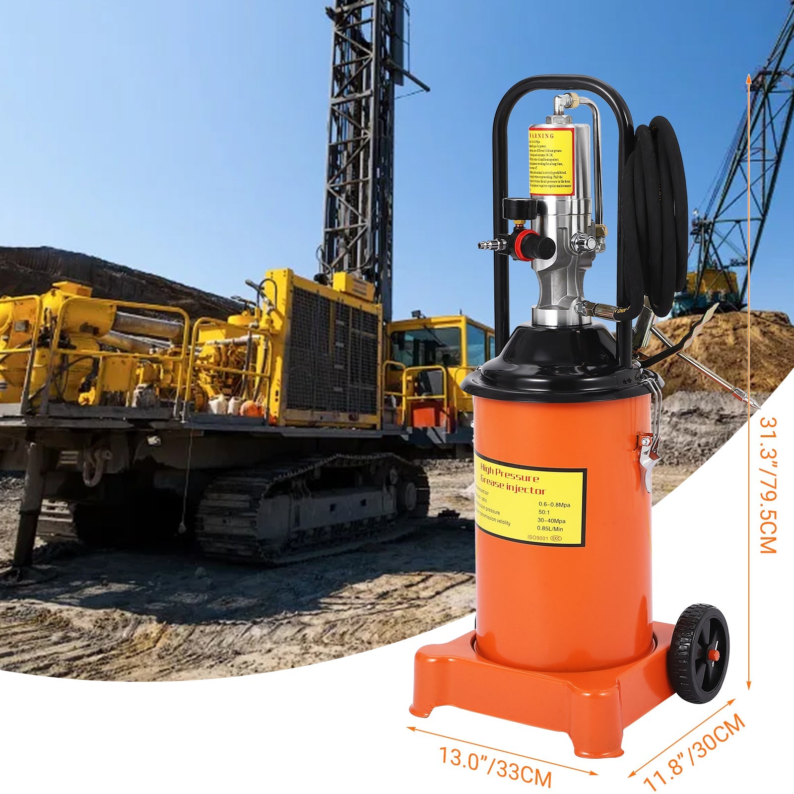 Garvee 3 Gallon Grease Pump, Heavy Duty Air-Operated Grease Pump with Garvee 13ft High Pressure Hose and Grease Gun, Portable Electric Pneumatic Grease Pump with Wheels for Construction