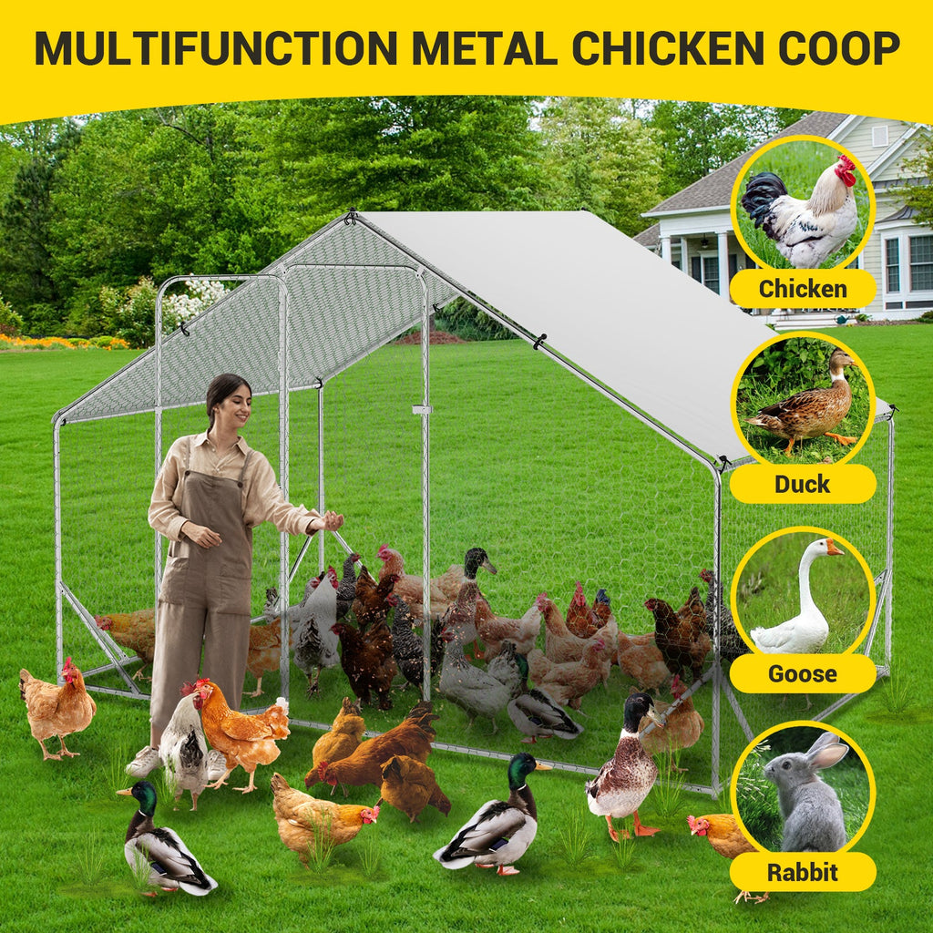 Garvee Large Walk-In Metal Chicken Coop 9.8' W x 6.5' L x 6.5' H- Galvanized Steel Hen House with Spire Roof, UV-Proof Waterproof Cover, Outdoor Poultry Cage for Backyard, Farm, Garden,