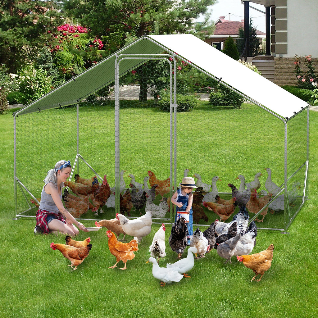 Garvee Large Walk-In Metal Chicken Coop 9.8' W x 6.5' L x 6.5' H- Galvanized Steel Hen House with Spire Roof, UV-Proof Waterproof Cover, Outdoor Poultry Cage for Backyard, Farm, Garden,